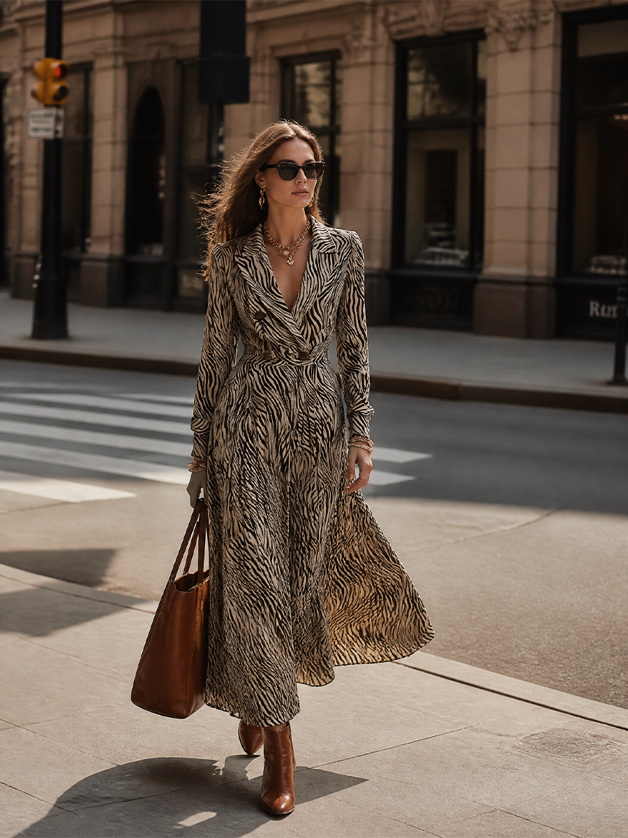 Elegant Black Zebra Print Wrap Maxi Dress