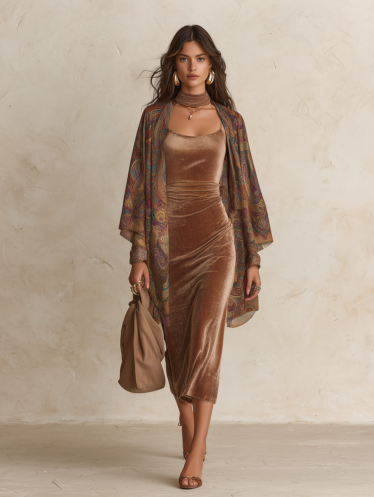 Elegant Velvet Slip Dress & Paisley-Print Two-Piece Duster Set