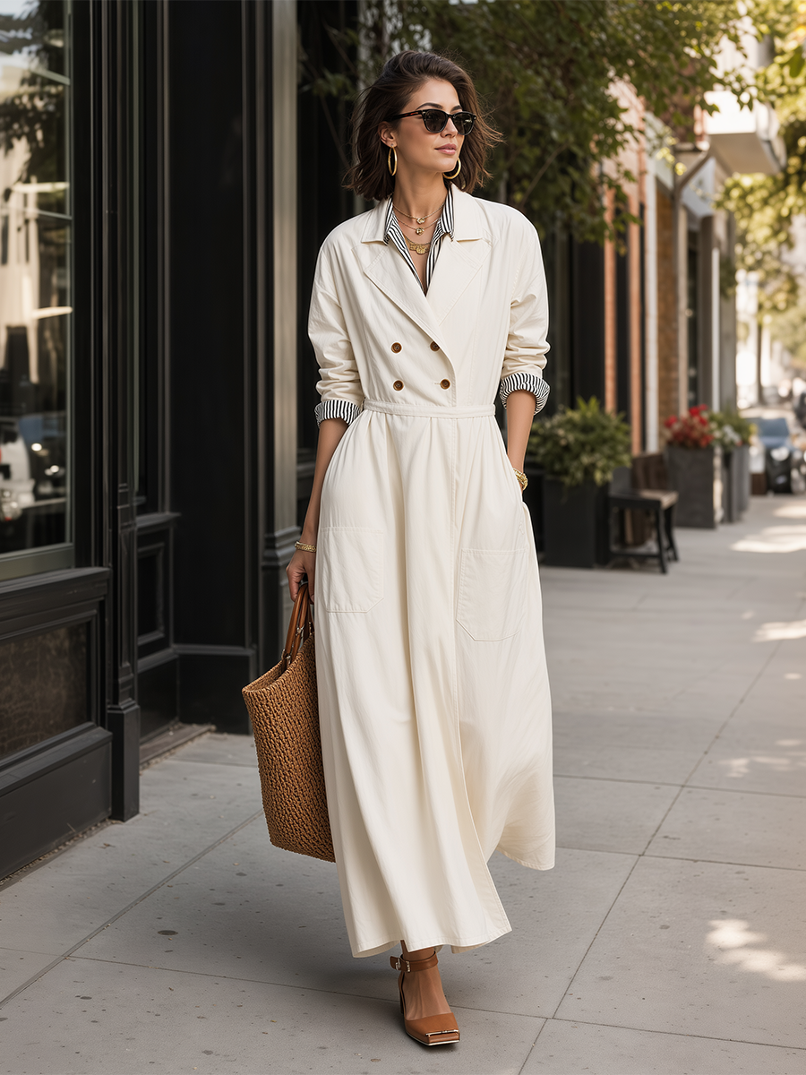 Sophisticated Ivory Double-Breasted Trench Maxi Dress