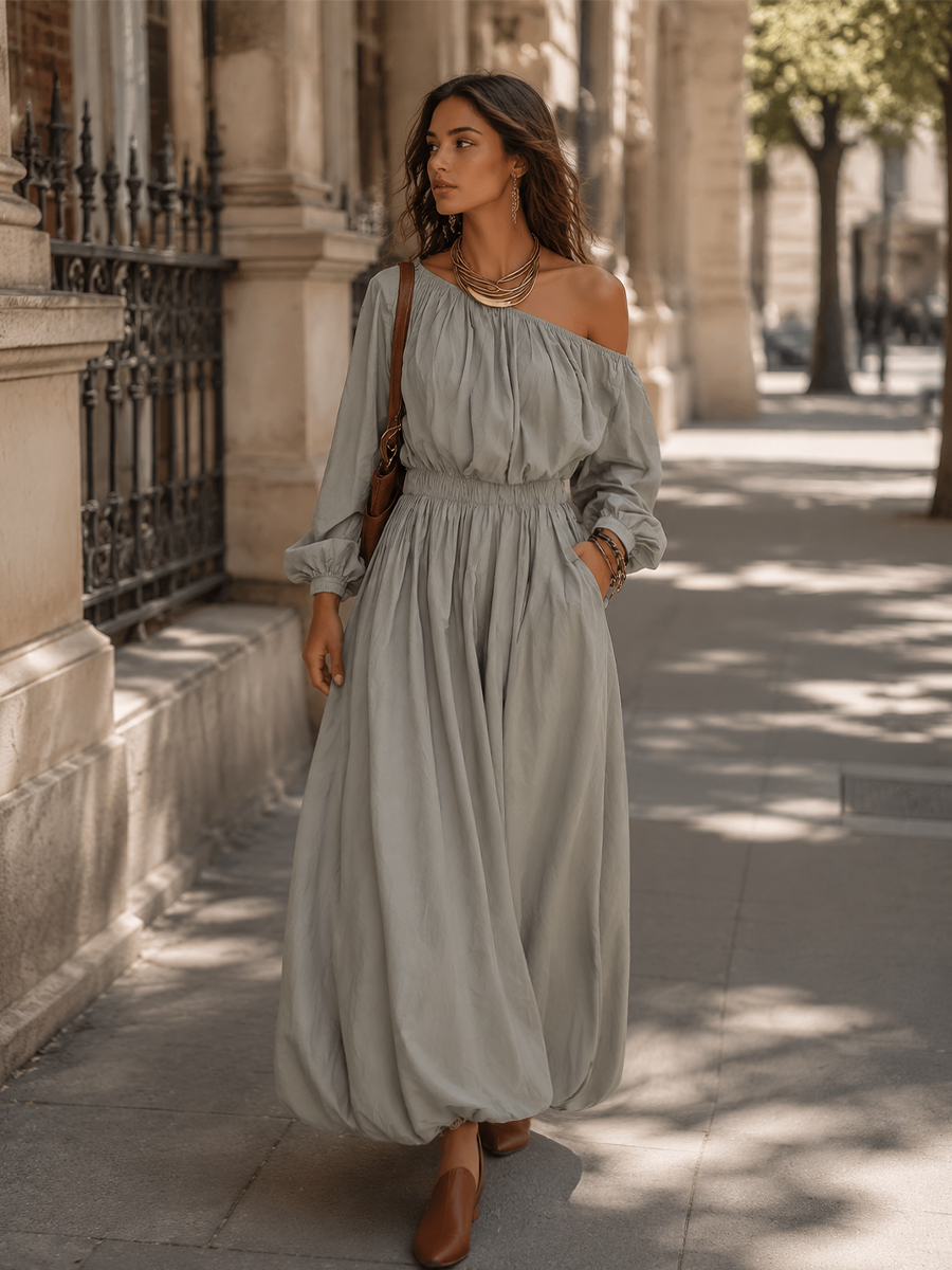 Relaxed Light Gray Off-Shoulder Maxi Dress