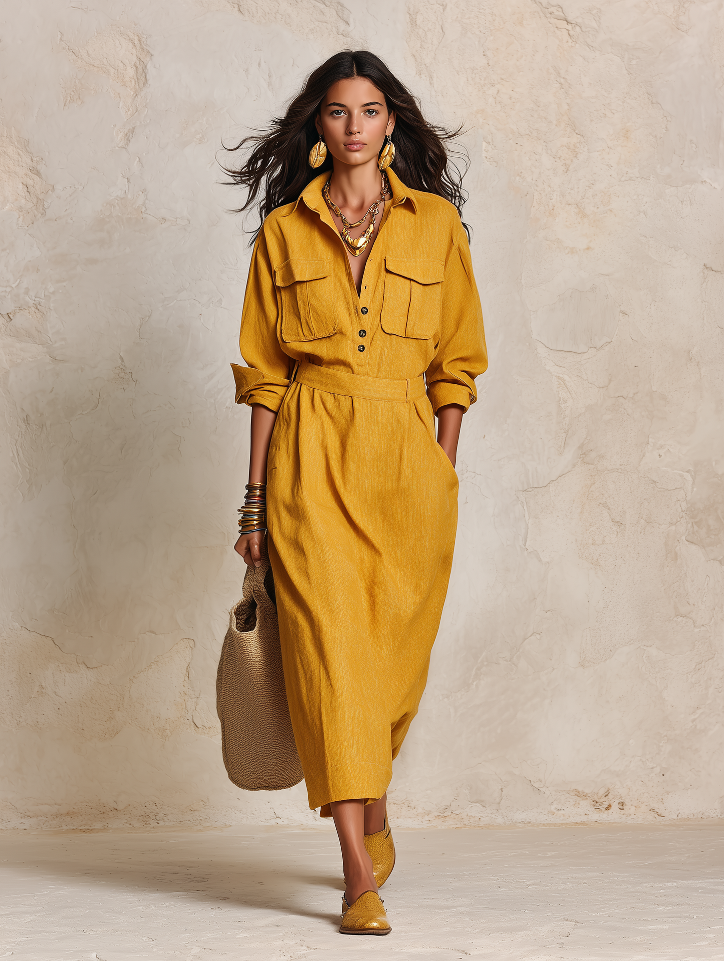 Utility Chic Linen Collared Roll-Sleeve Pocket Maxi Dress