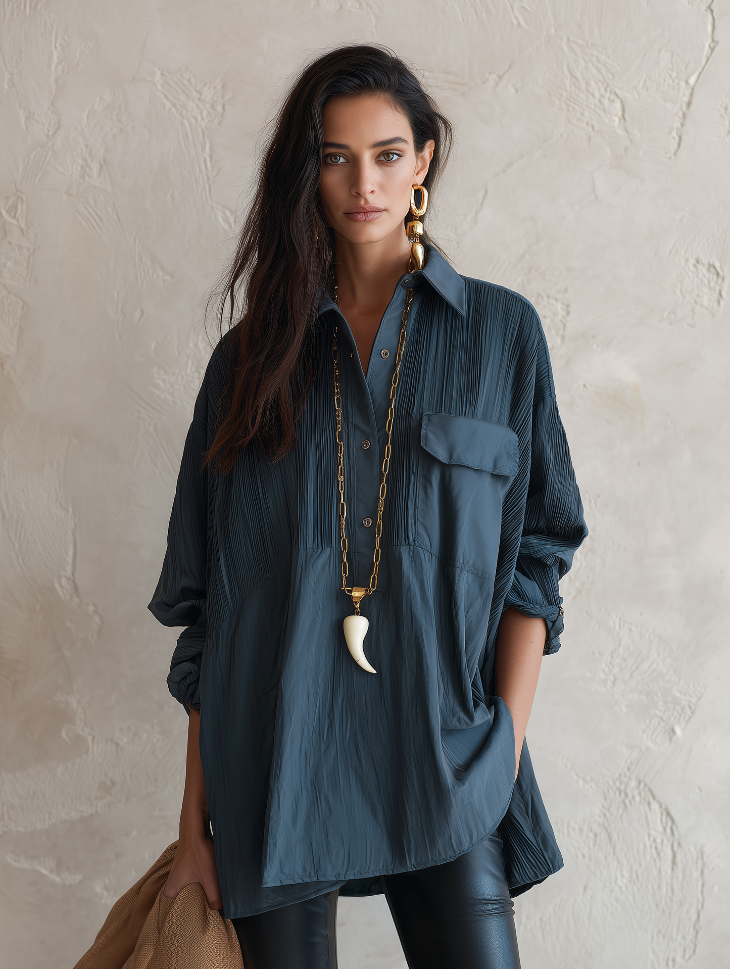 Chic Crinkle-Cotton Collared Hi-Low Petrol Blue Tunic Shirt