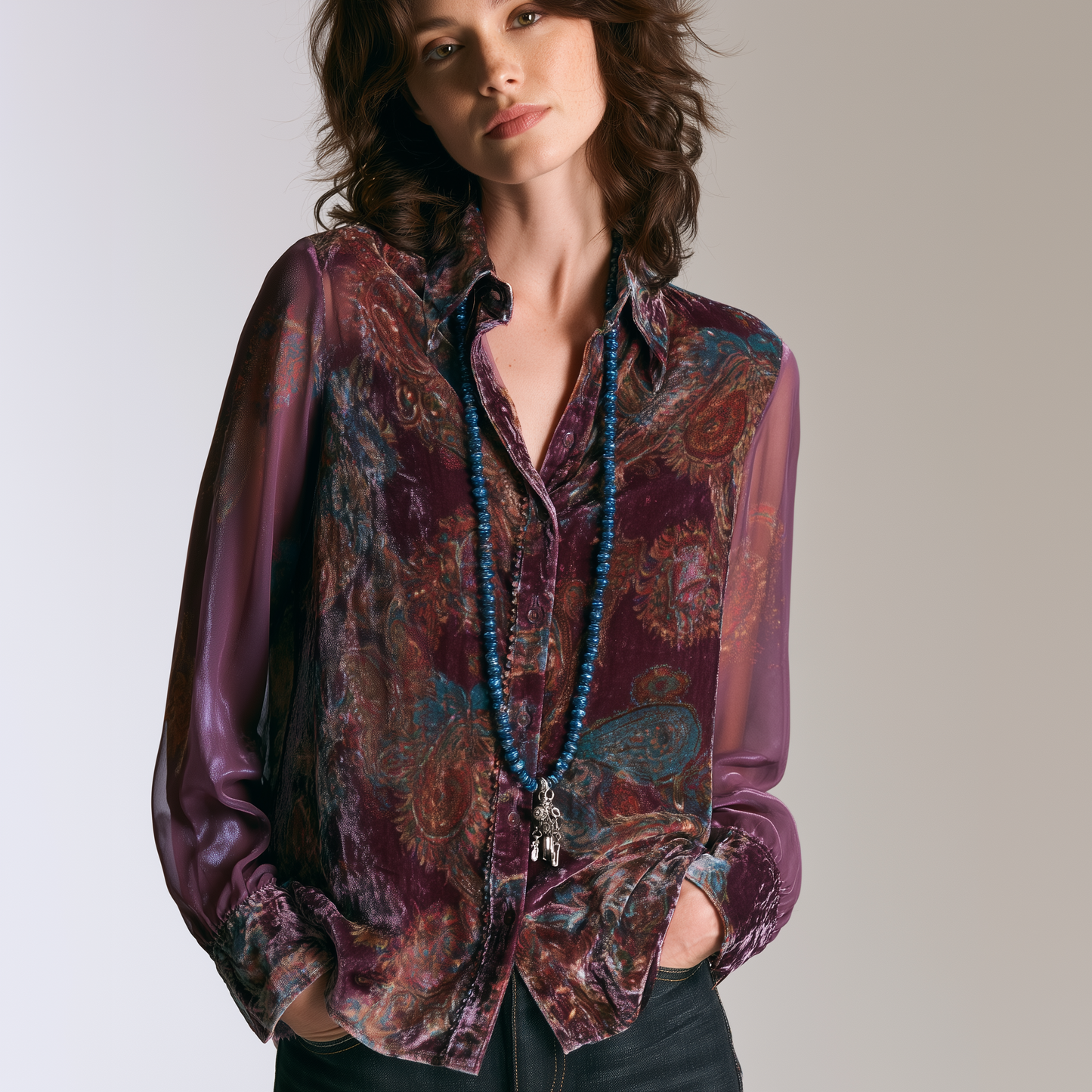 Bohemian Chic Paisley Velvet Semi-Sheer Relaxed Merlot Blouse