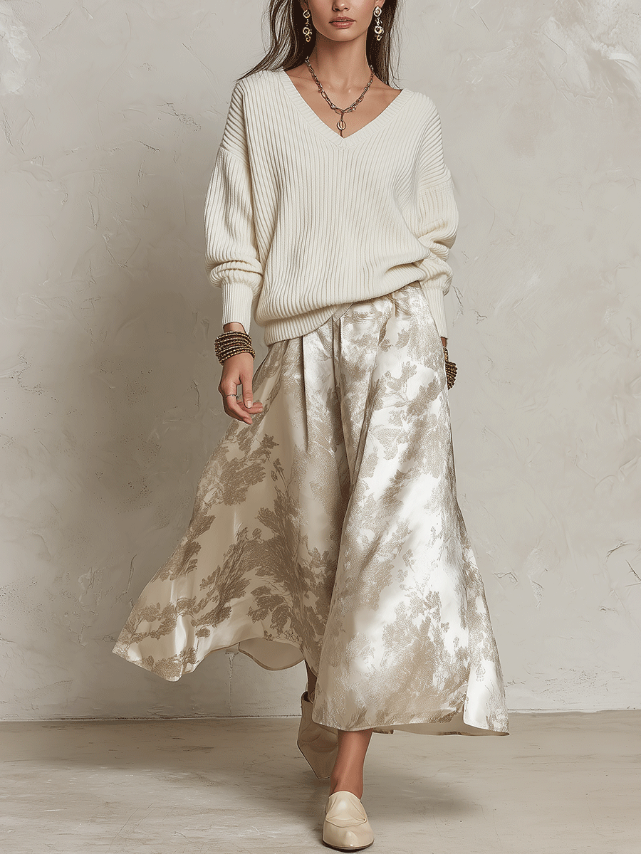 Elegant V-Neck Ribbed Sweater & Jacquard Skirt Set