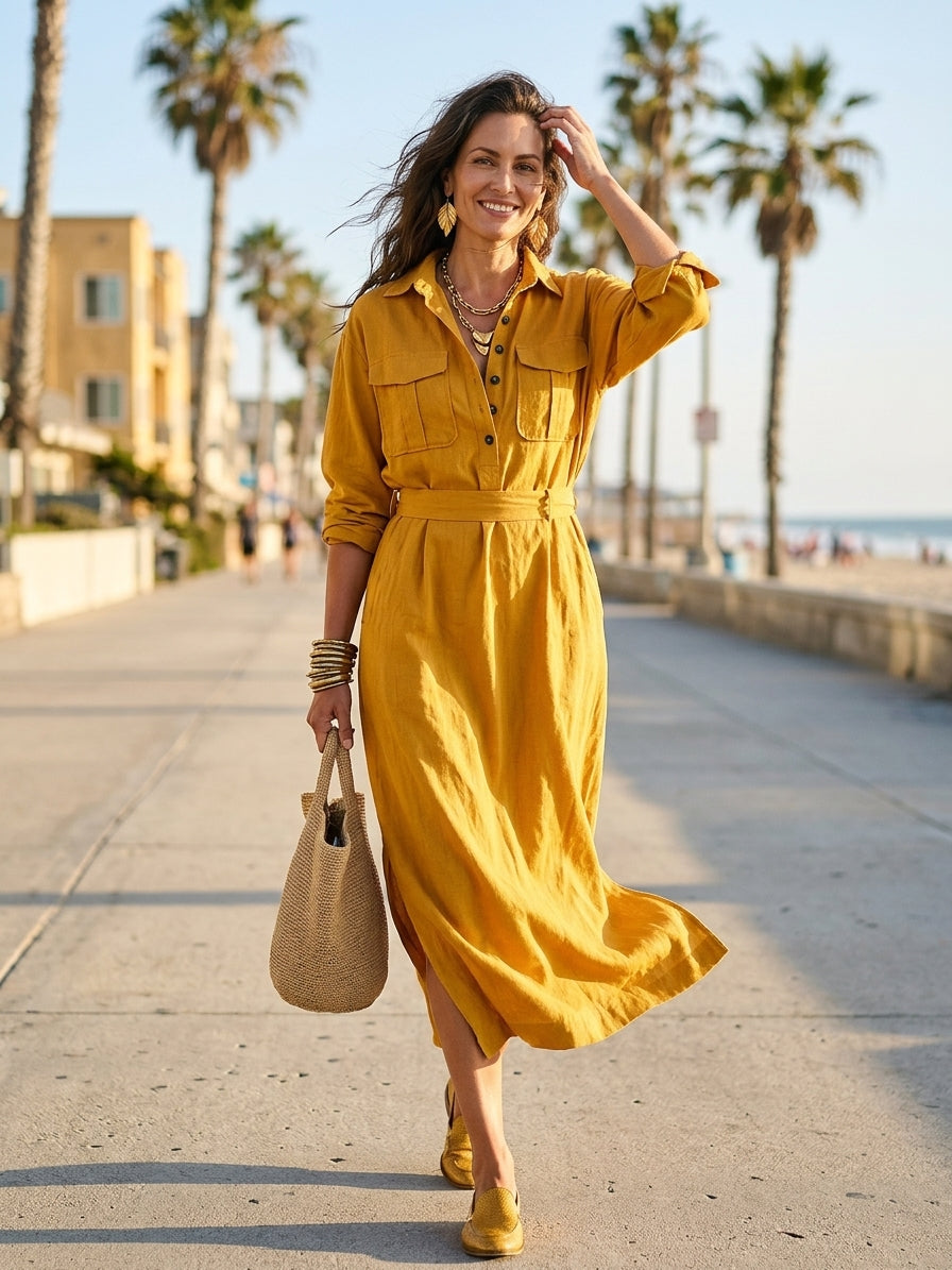 Utility Chic Linen Collared Roll-Sleeve Pocket Maxi Dress