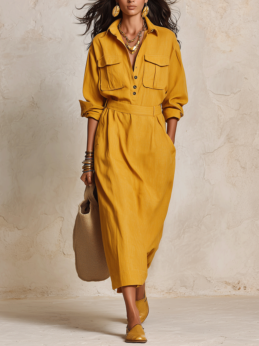 Utility Chic Linen Collared Roll-Sleeve Pocket Maxi Dress