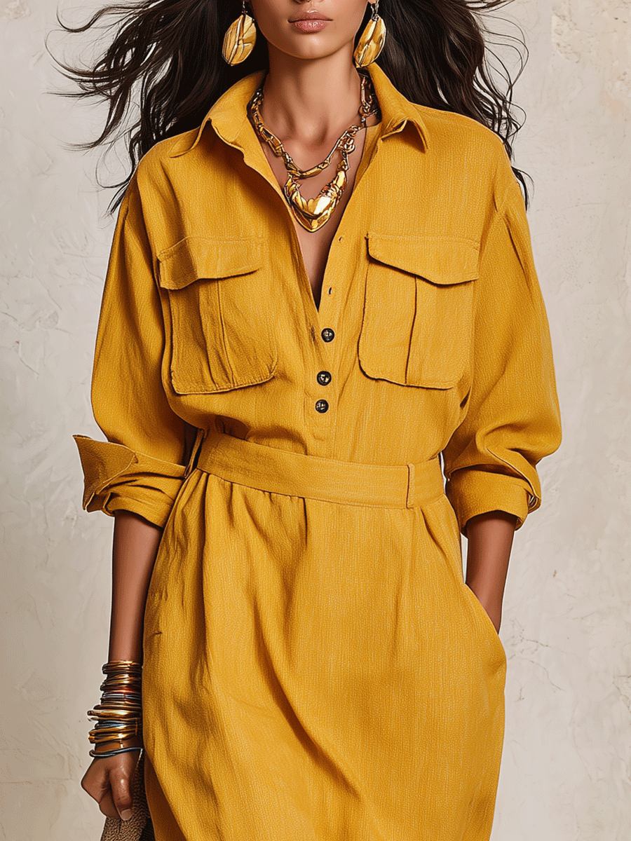 Utility Chic Linen Collared Roll-Sleeve Pocket Maxi Dress