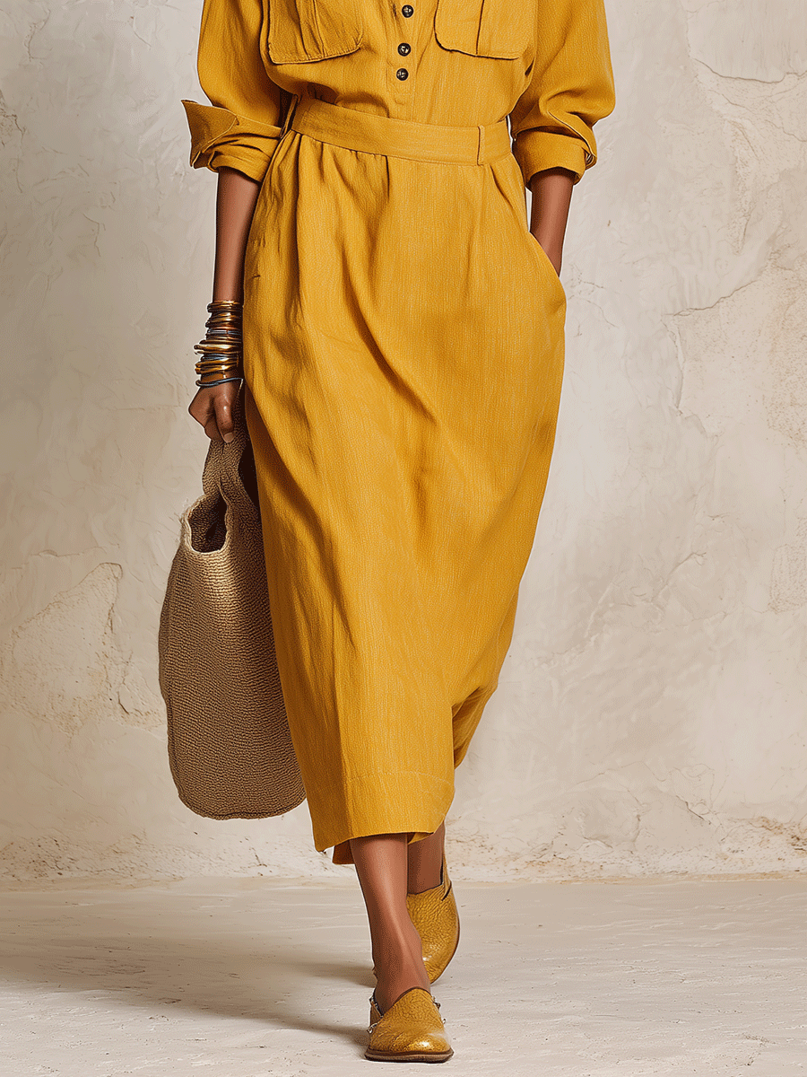 Utility Chic Linen Collared Roll-Sleeve Pocket Maxi Dress