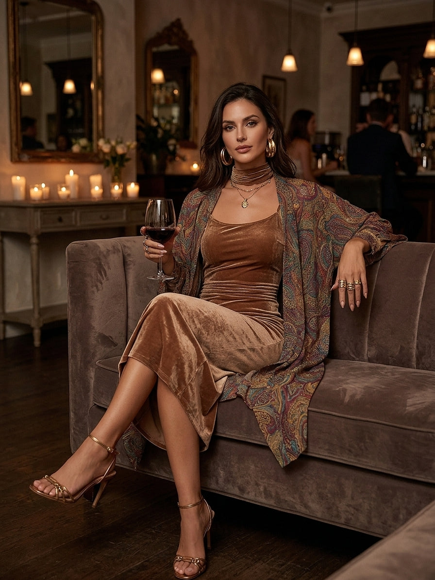 Elegant Velvet Slip Dress & Paisley-Print Two-Piece Duster Set