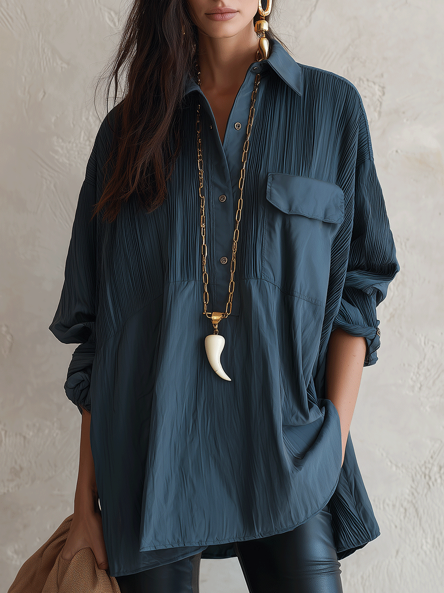 Chic Crinkle-Cotton Collared Hi-Low Petrol Blue Tunic Shirt