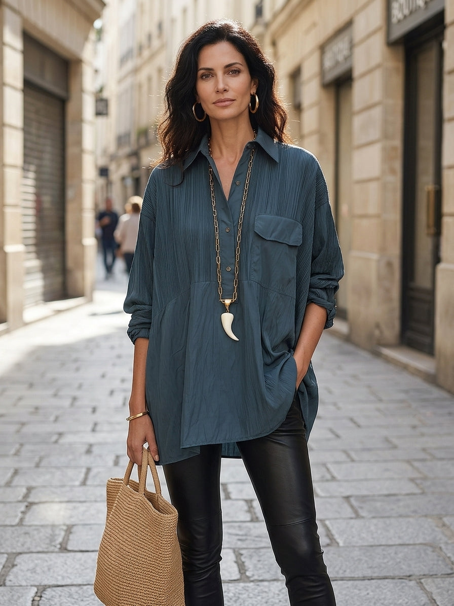 Chic Crinkle-Cotton Collared Hi-Low Petrol Blue Tunic Shirt