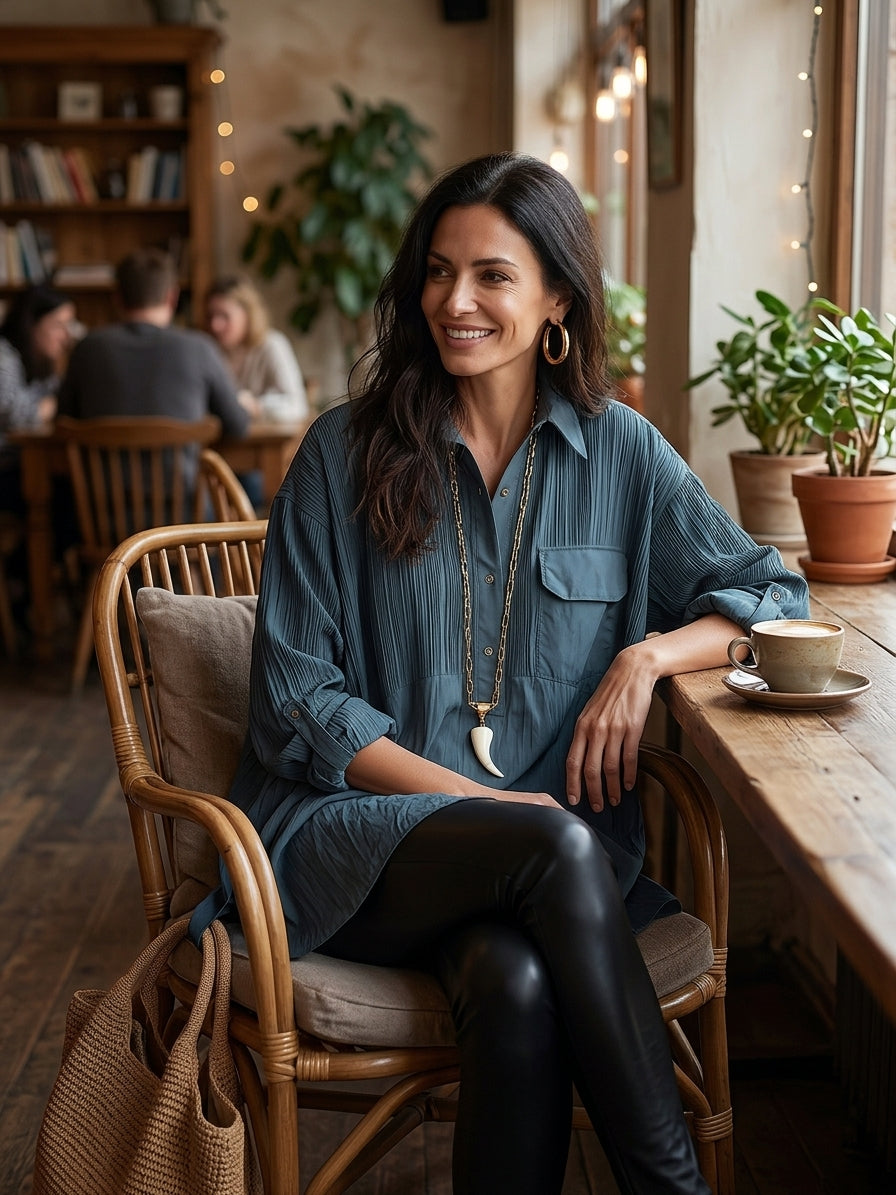 Chic Crinkle-Cotton Collared Hi-Low Petrol Blue Tunic Shirt