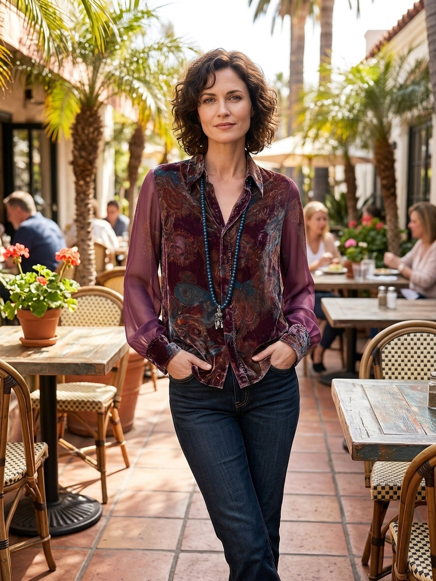 Bohemian Chic Paisley Velvet Semi-Sheer Relaxed Merlot Blouse
