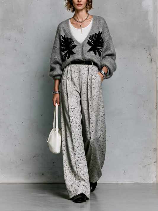 Effortless Chic V-Neck Cardigan & Abstract Palazzo Pants Outfit