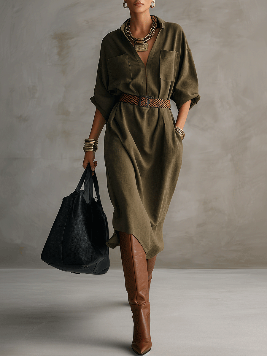 Effortless Chic Textured Cotton Roll-Sleeve Utility Belted Khaki Green Midi Dress
