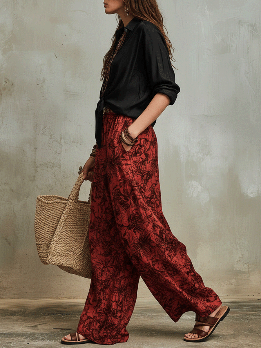 Vintage Boho Red Print Flowing Palazzo Pants And Black Shirt Set
