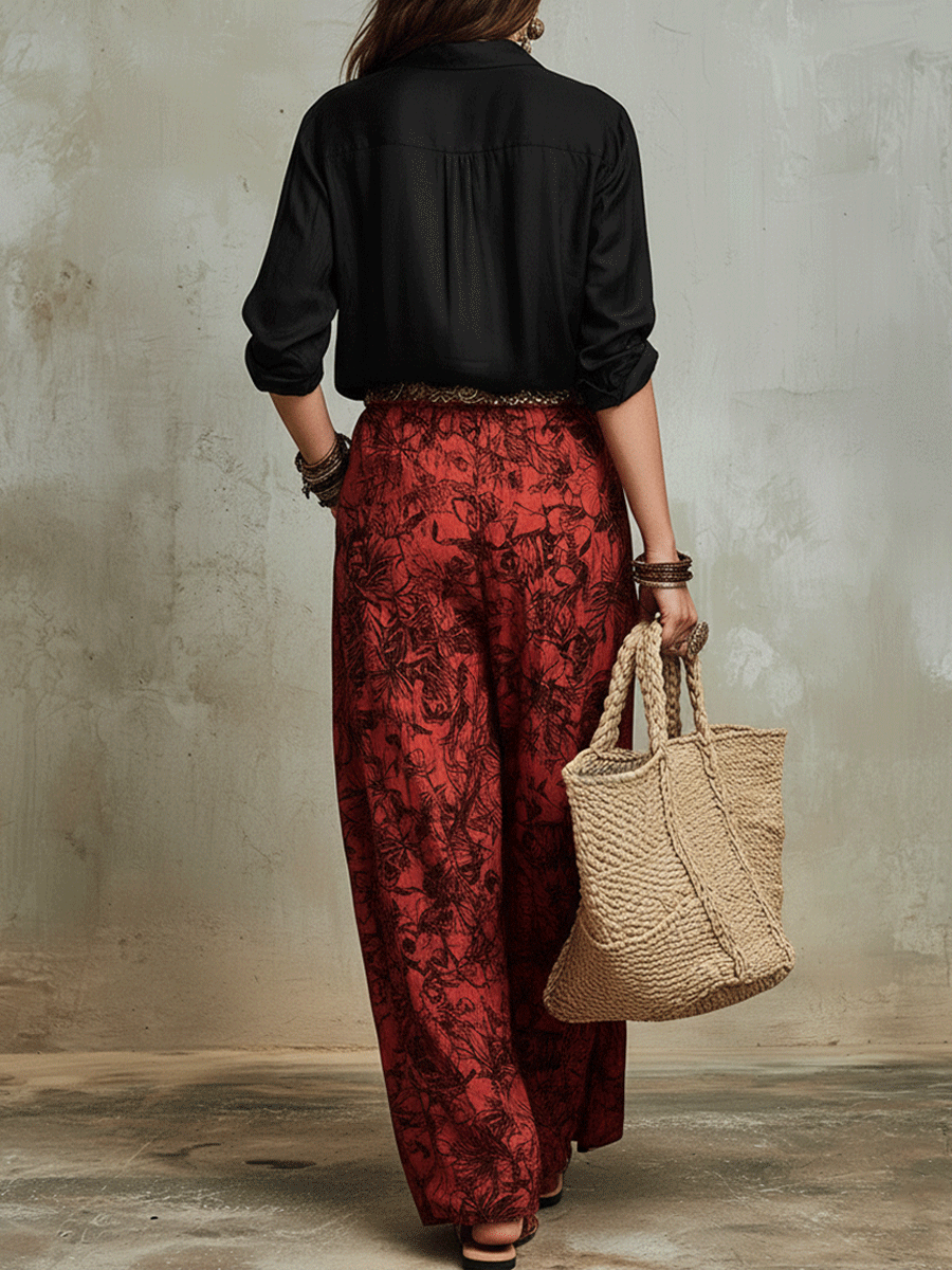 Vintage Boho Red Print Flowing Palazzo Pants And Black Shirt Set
