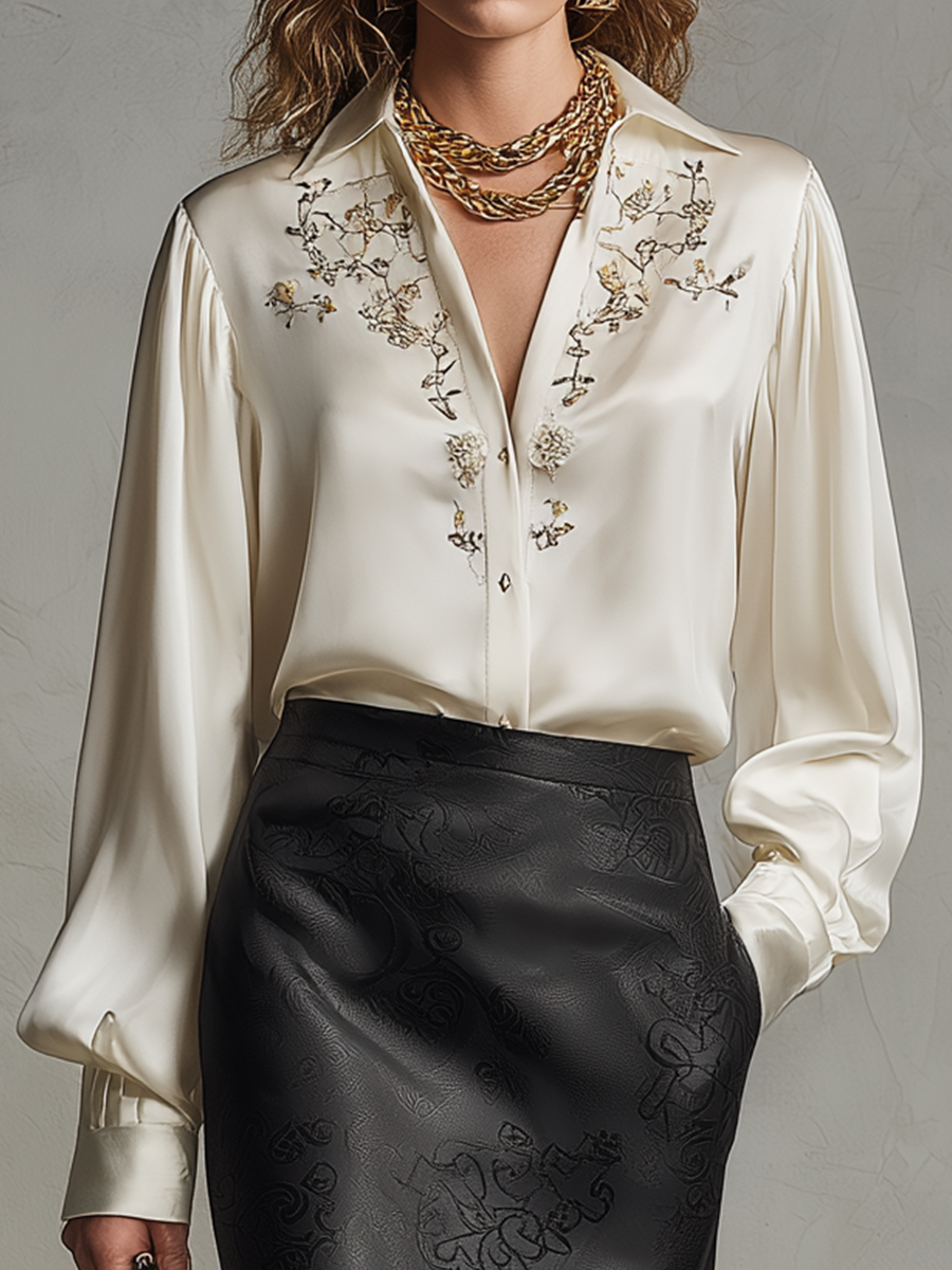 Luxe Cream Satin Embellished Blouse & Black Jacquard Midi Skirt Set