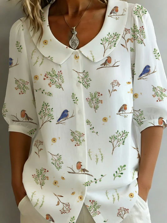 Women's casual floral and bird shirt