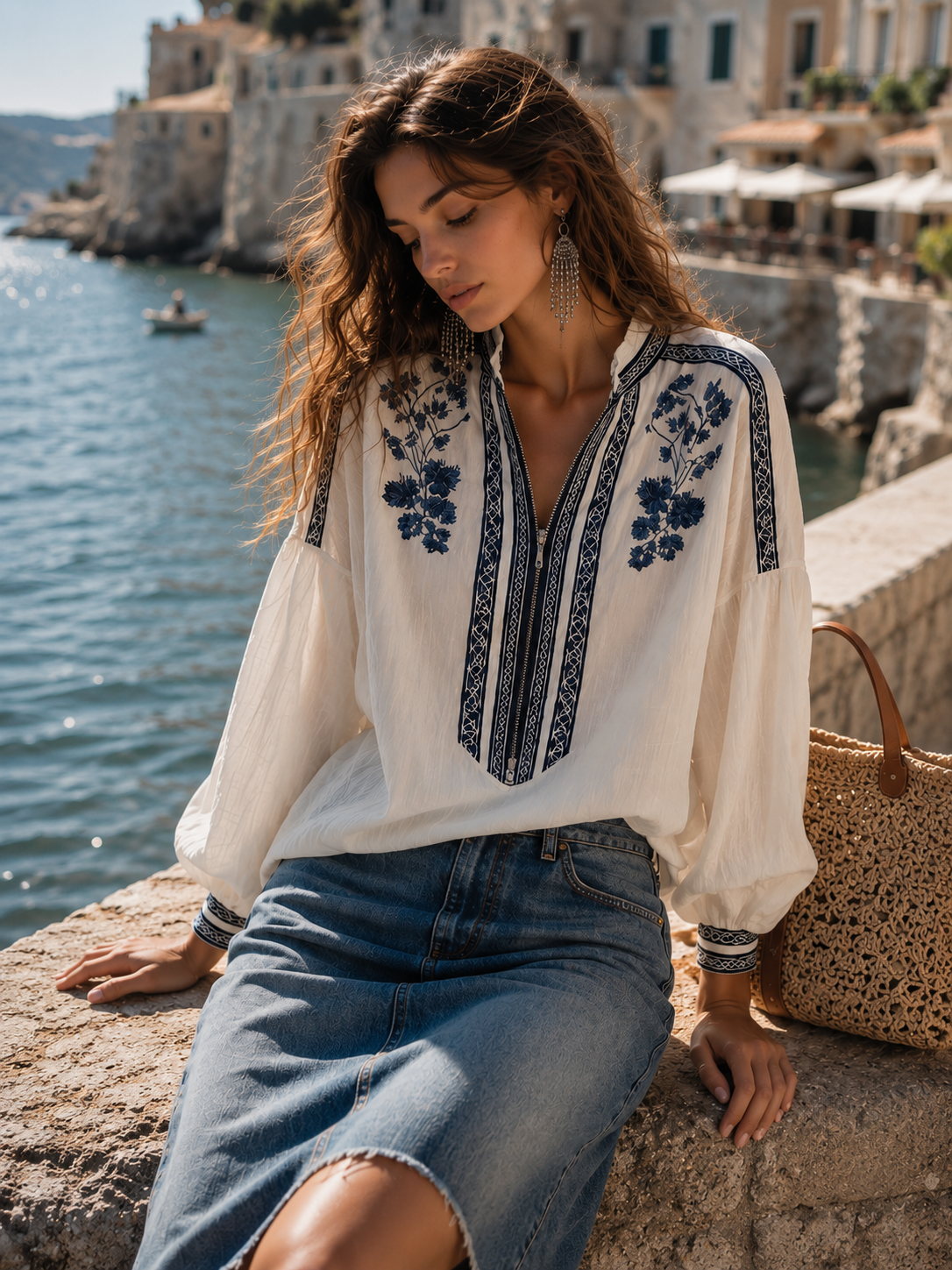 Refined Floral Embroidered Zip Shirt