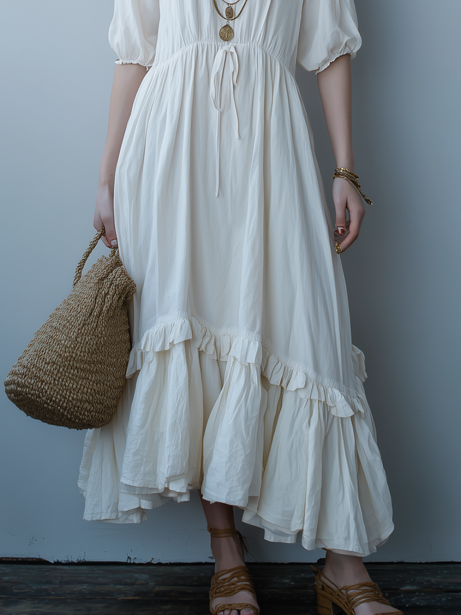 Ivory White High Waisted Drawstring Midi Dress With A Ruffled Hem