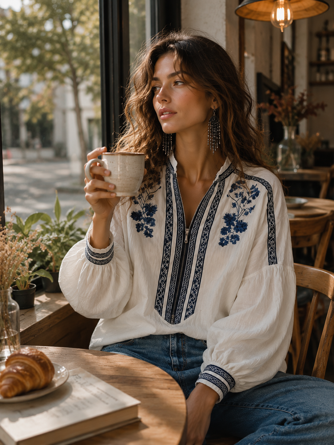 Refined Floral Embroidered Zip Shirt