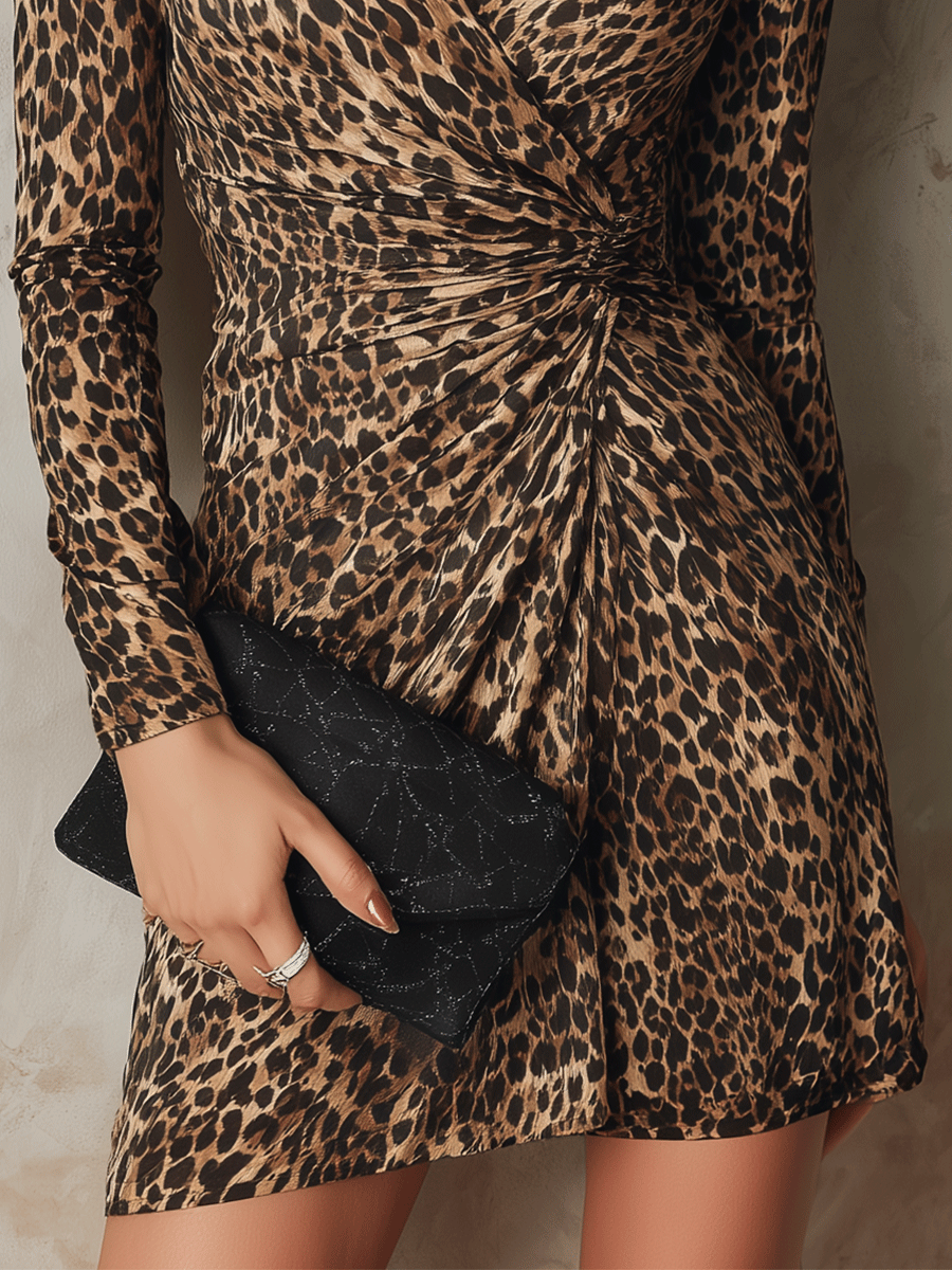 Chic Leopard Print Ruched Wrap Long Sleeve Mini Dress