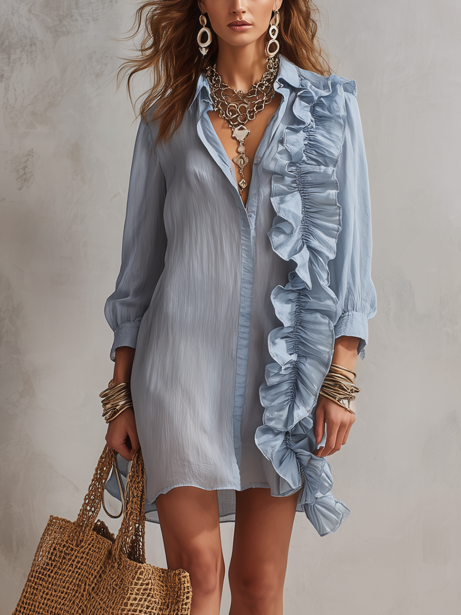 Bohemian Sky Blue Ruffled Shirt Dress
