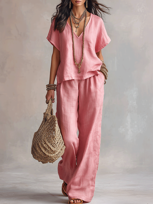 Effortless Boho Linen V-Neck Top & Wide-Leg Pants Set