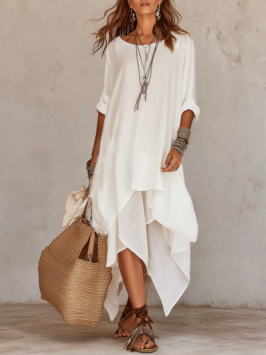 Ivory Layered Asymmetrical Bohemian Style Natural Linen Dress