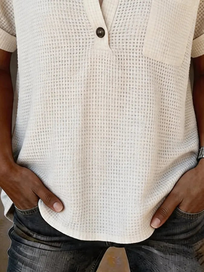 Women's Casual Collared Solid Color Short-Sleeve Shirt