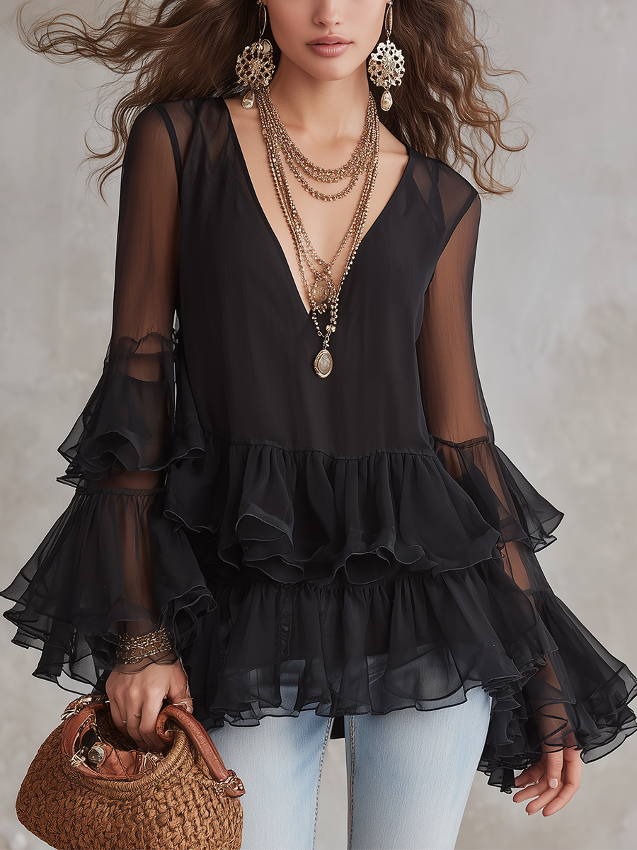 French Style Black Sheer Ruffled Top