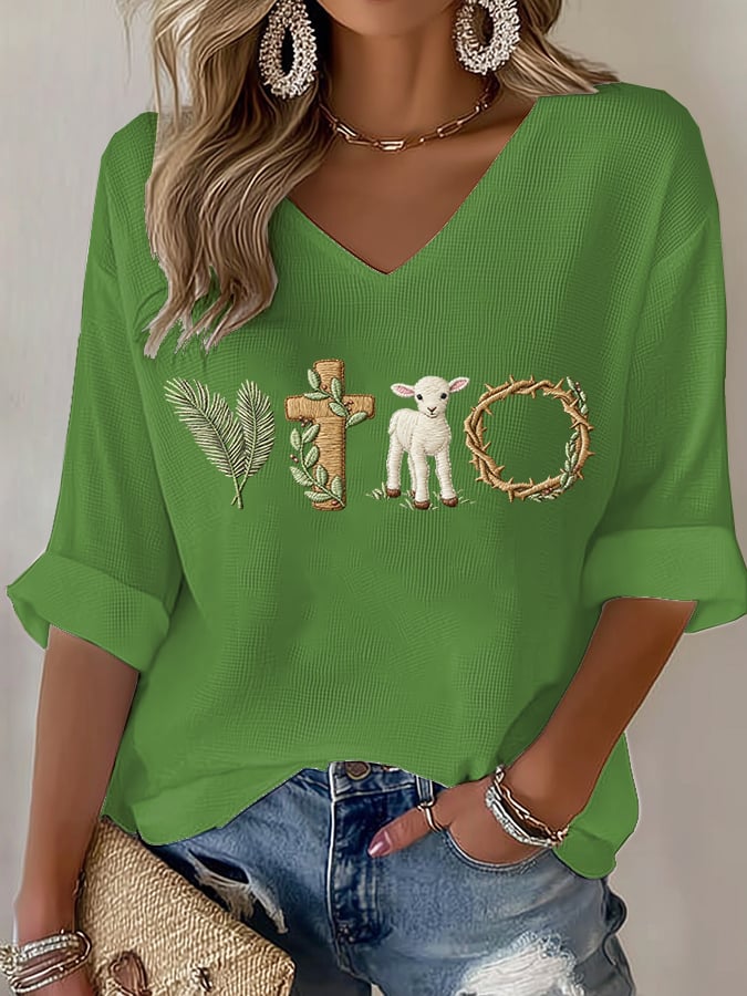 Women's True Easter Lamb Crown of Thorn Cross Palm Print T-Shirt