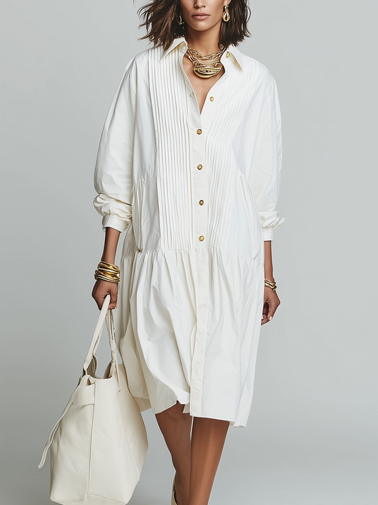 Elegant White Pleated Shirt-Style Midi Dress