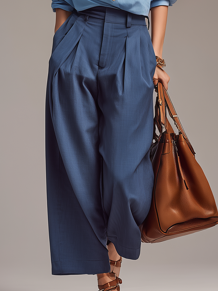 Polished Light Blue Oversized Shirt & Navy Pleated Wide-Leg Pant Set