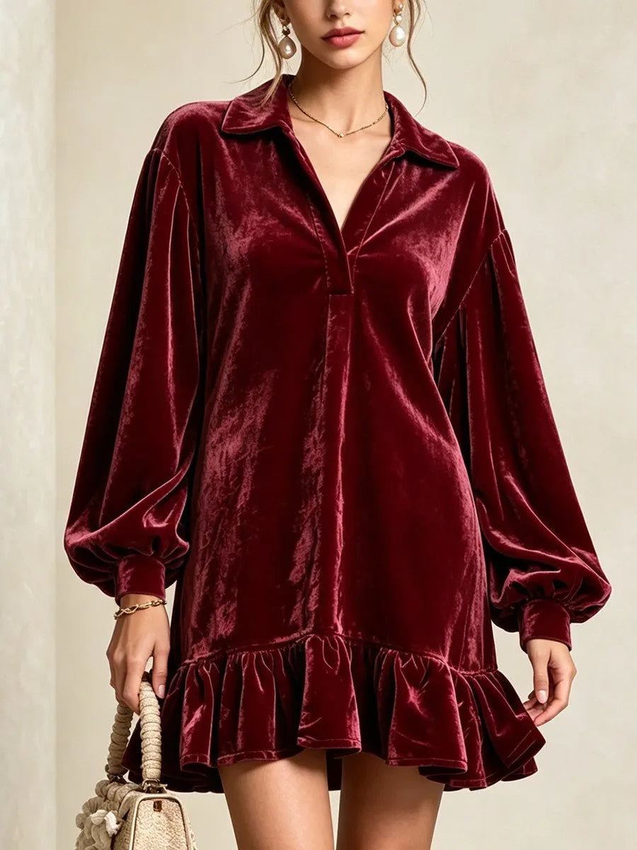 Velvet Loose-fit Mini Dress Featuring A Lapel Collar, Partial Button Placket, Lantern Sleeves, And A Ruffled Hem