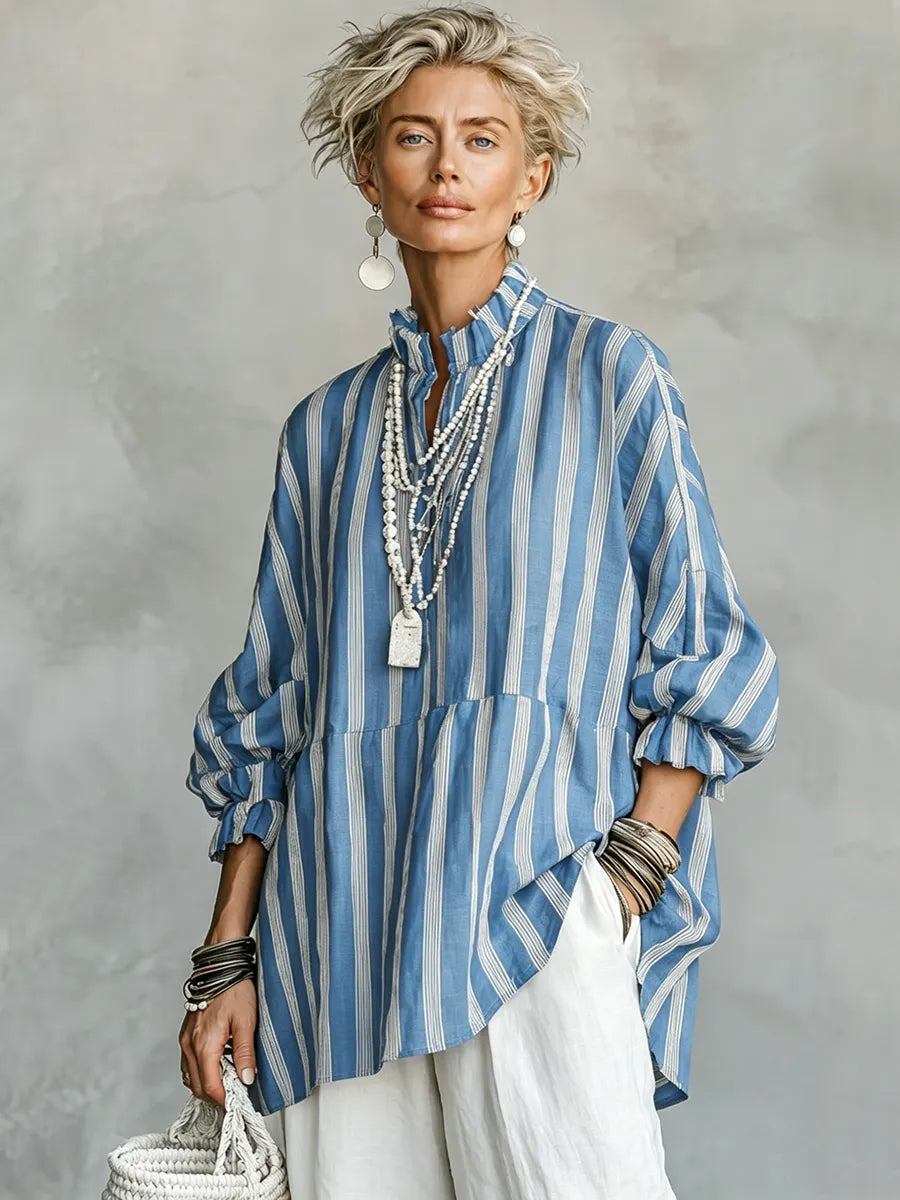Women's Vintage Casual Linen Blend Vertical Stripes Mandarin Collar, and Lantern Sleeves Loose Blouse