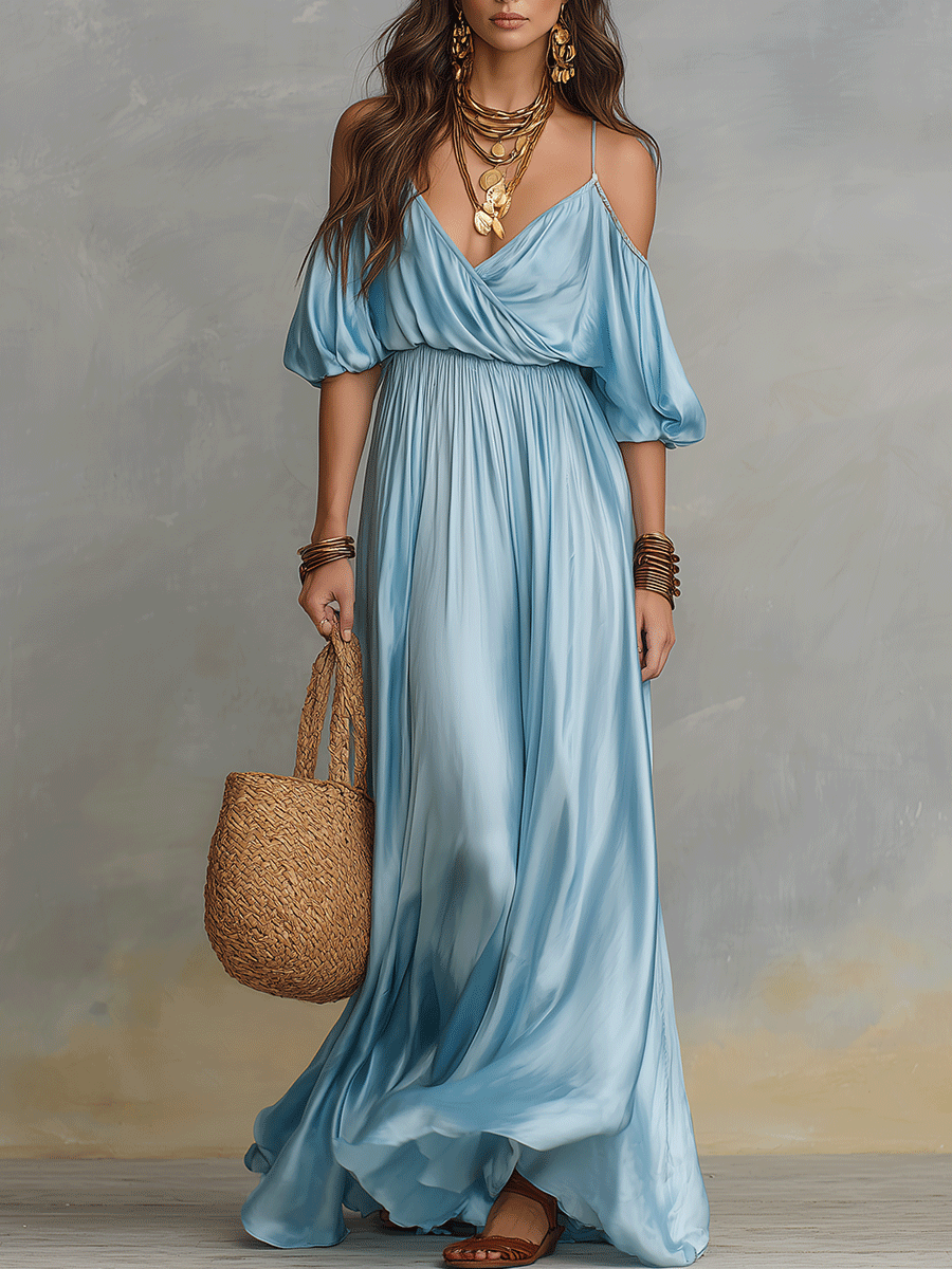 Elegant Off-Shoulder Draped Boho Maxi Dress