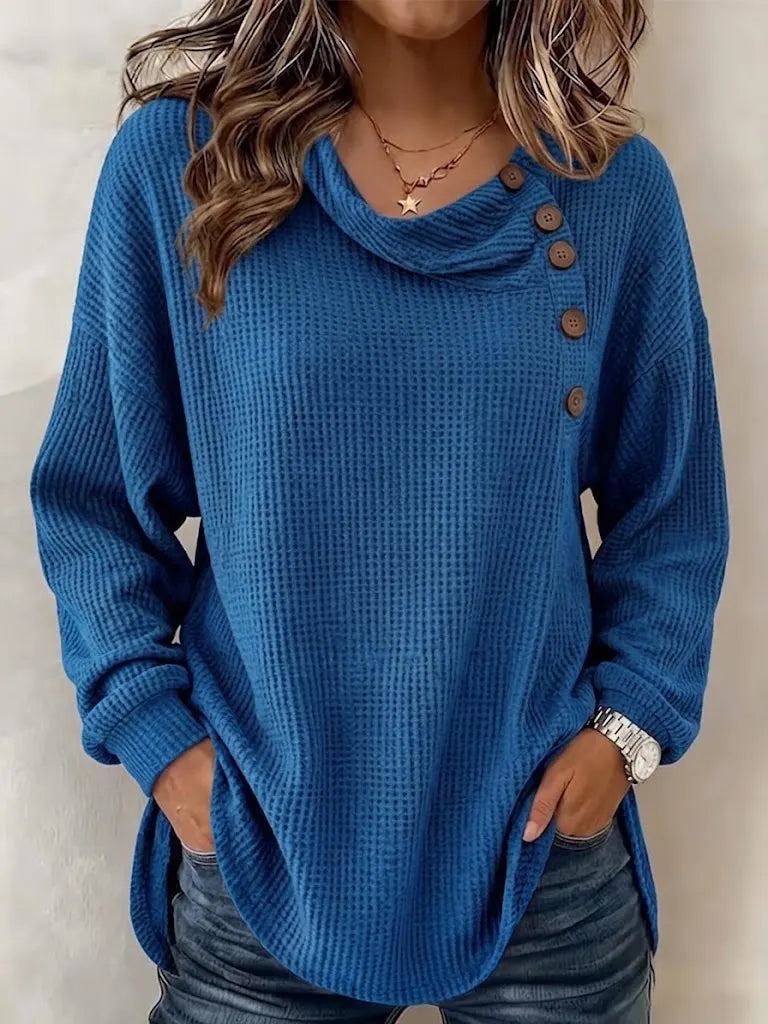 Women's Solid Color Waffle-knit Long-sleeve Button-down Casual Shirt / Comfortable Top