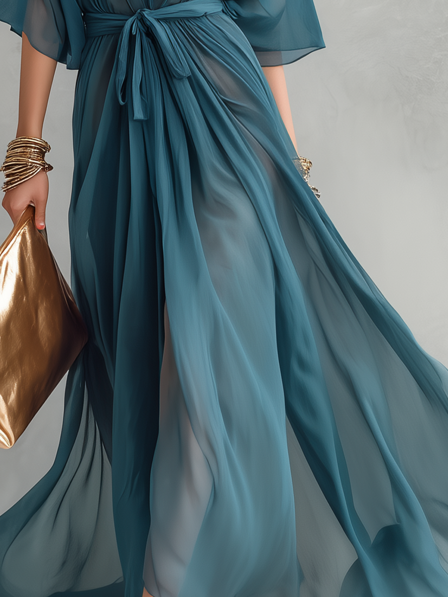 Ethereal Teal V-Neck Tie-Waist Chiffon Maxi Dress