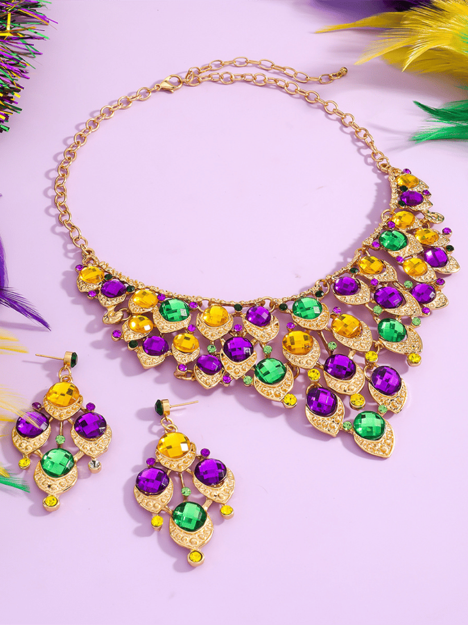 Mardi Gras Carnival Necklace And Earrings Set With Three-Color Rhinestones, Party Jewelry Set.