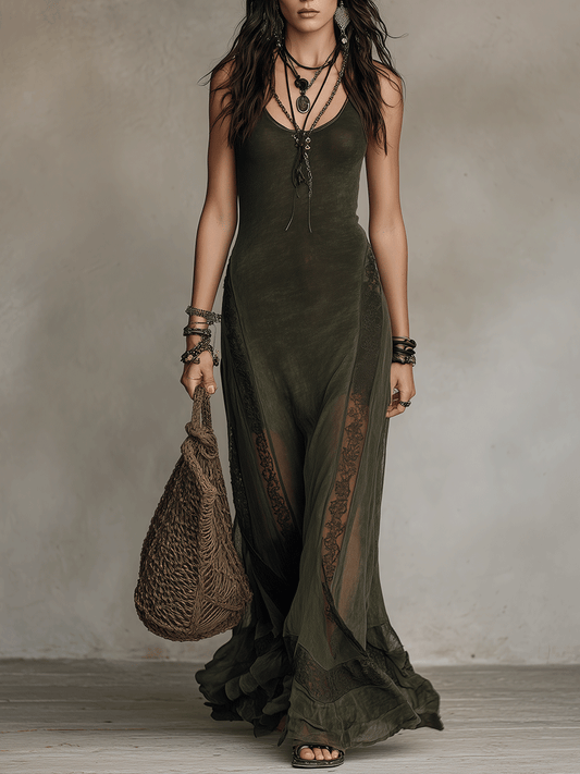 Bohemian Elegance Mystic Olive Sheer Lace-Panel Maxi Dress