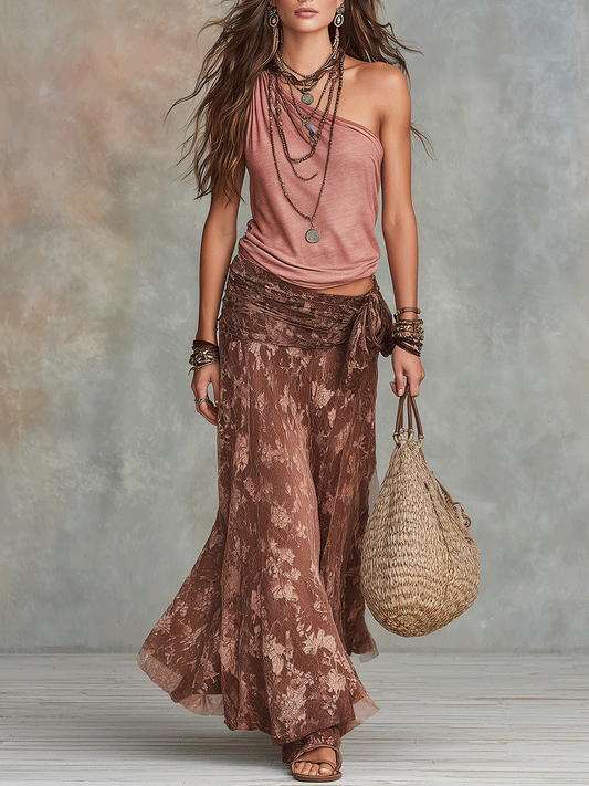 Bohemian One-Shoulder Top & Floral Maxi Skirt Set