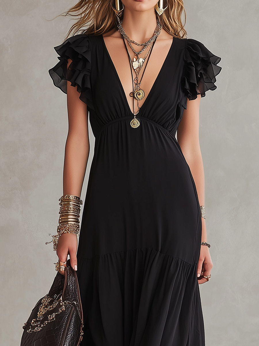 Bohemian Black Ruffled Sleeve Long Dress