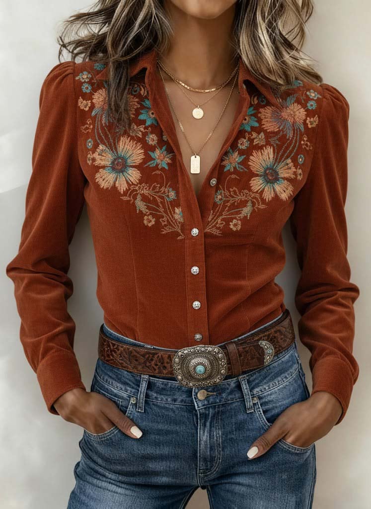 Women's Casual Western-Style Corduroy Embroidered Button-Up Shirt