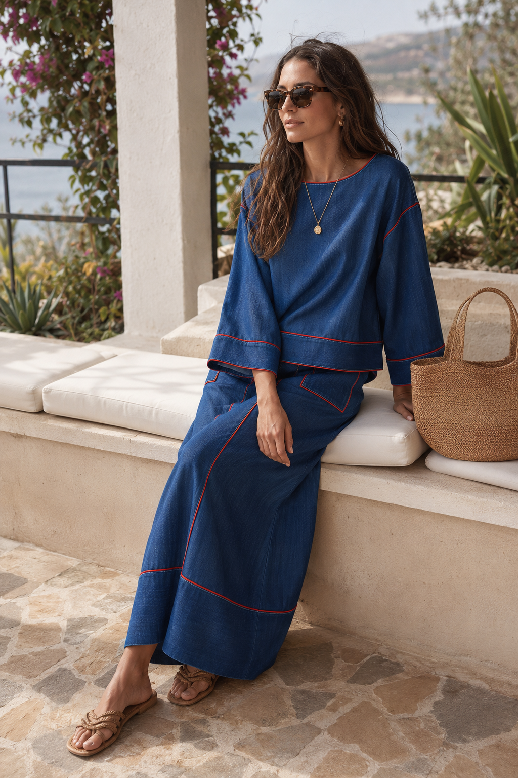 Modern Minimal Cotton-Denim Red-Topstitch Boxy Indigo Skirt Set