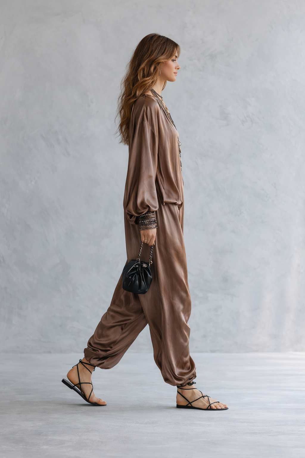 Champagne Satin Oversized Kaftan Jumpsuit With Batwing Sleeves