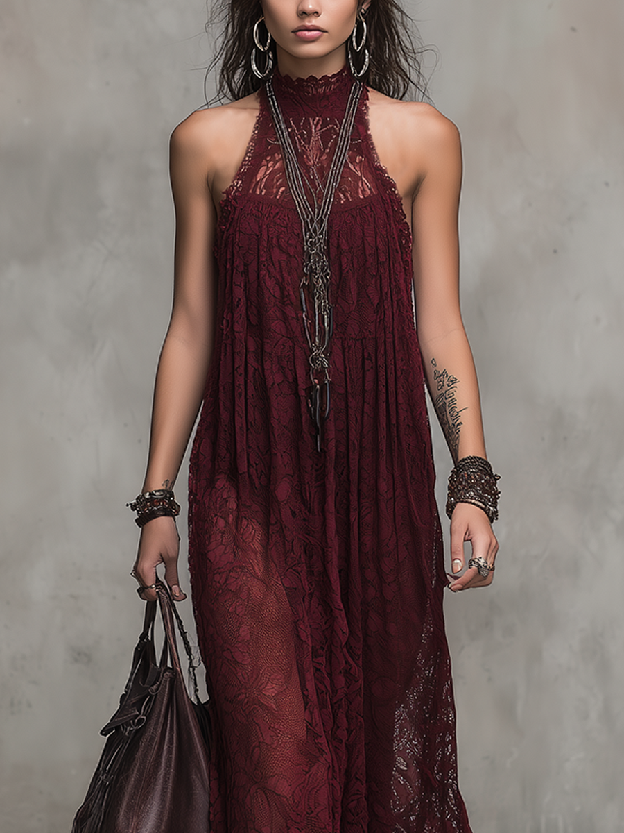 Romantic Wine Red Lace Maxi Dress