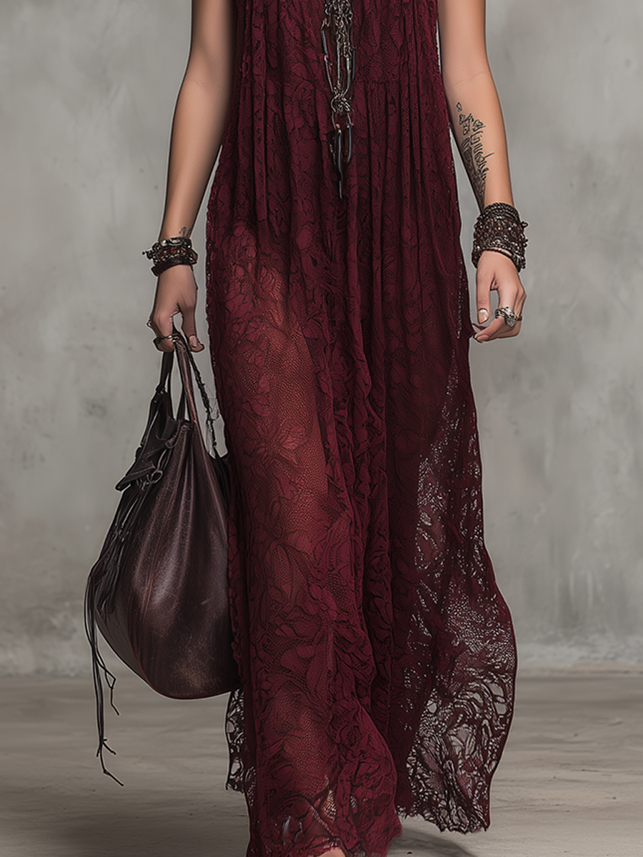 Romantic Wine Red Lace Maxi Dress