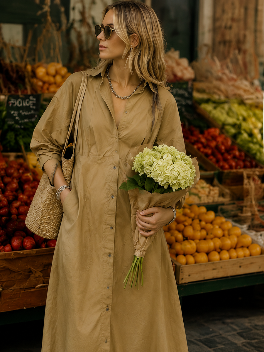 Relaxed Luxe Deep V Collared Utility Midi Dress
